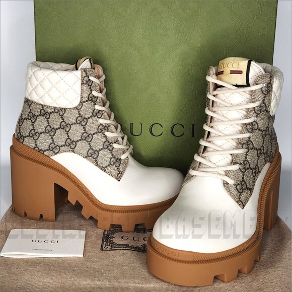 GUCCI 39.5 beige GG canvas quilted Leather TRIP logo platform Combat ankle Boots - Picture 2 of 11